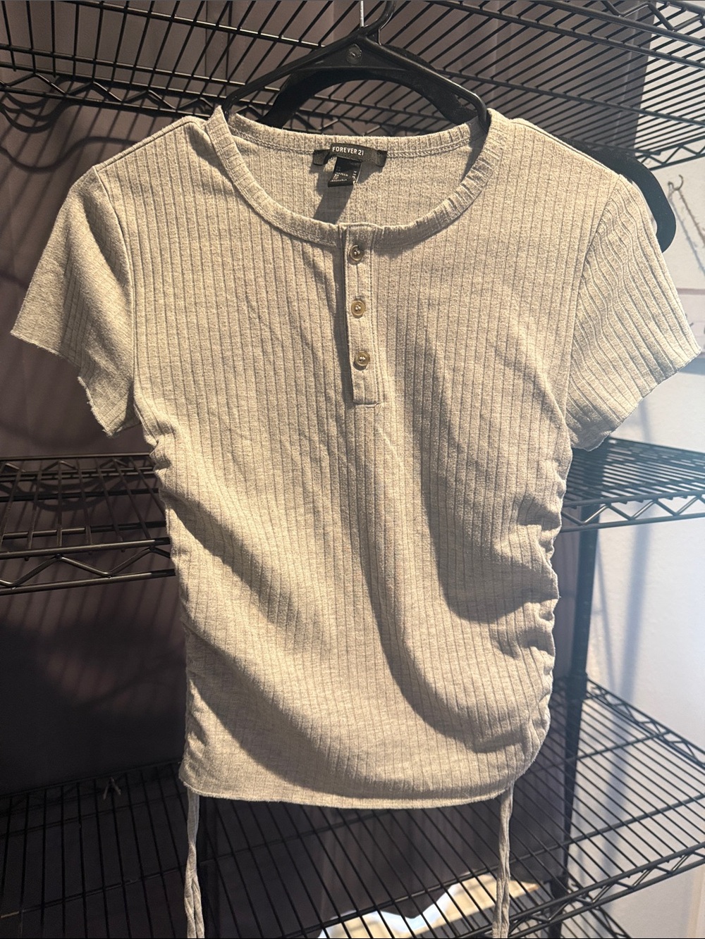 Forever 21 Cream Ribbed Henley Short Sleeve Top with Side Ties